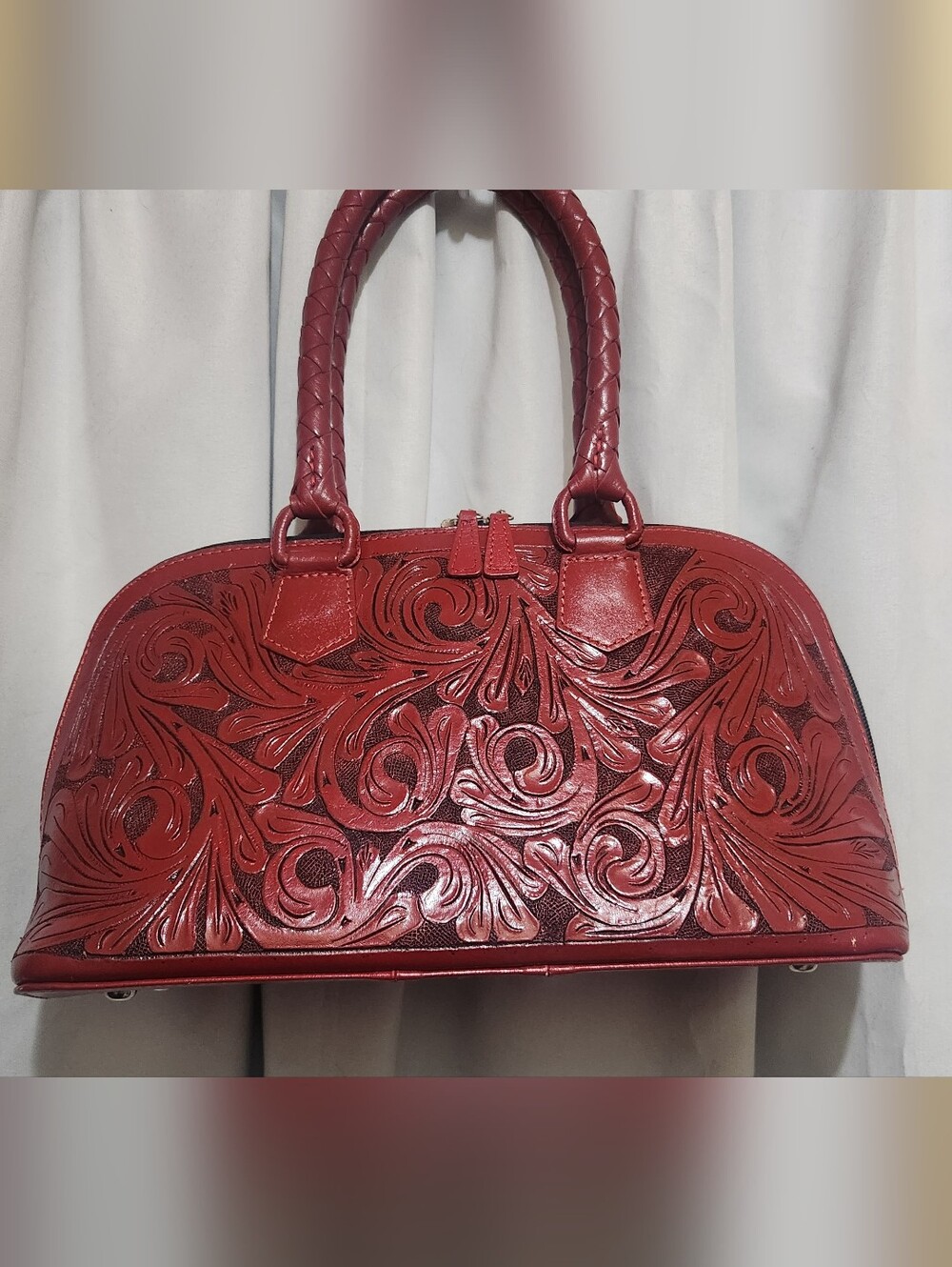 Hand-Tooled Red Leather Satchel with Braided Handles